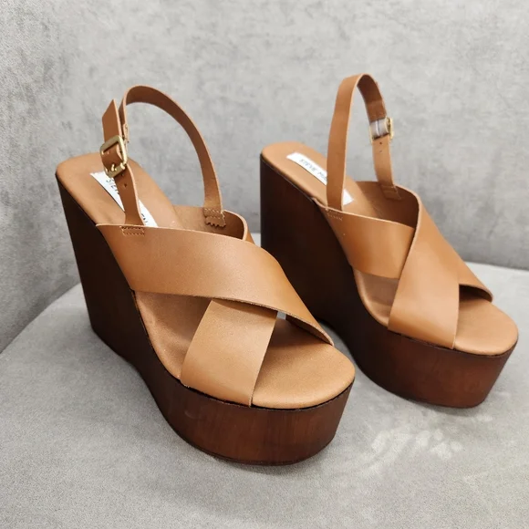 Steve Madden Platform Sandals 10 Brown Cognac Leather Galaxy Wedges New $100